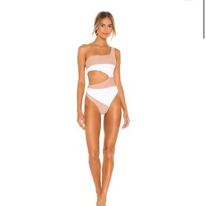 Camila Coelho One-Shoulder White and Tan Swimsuit